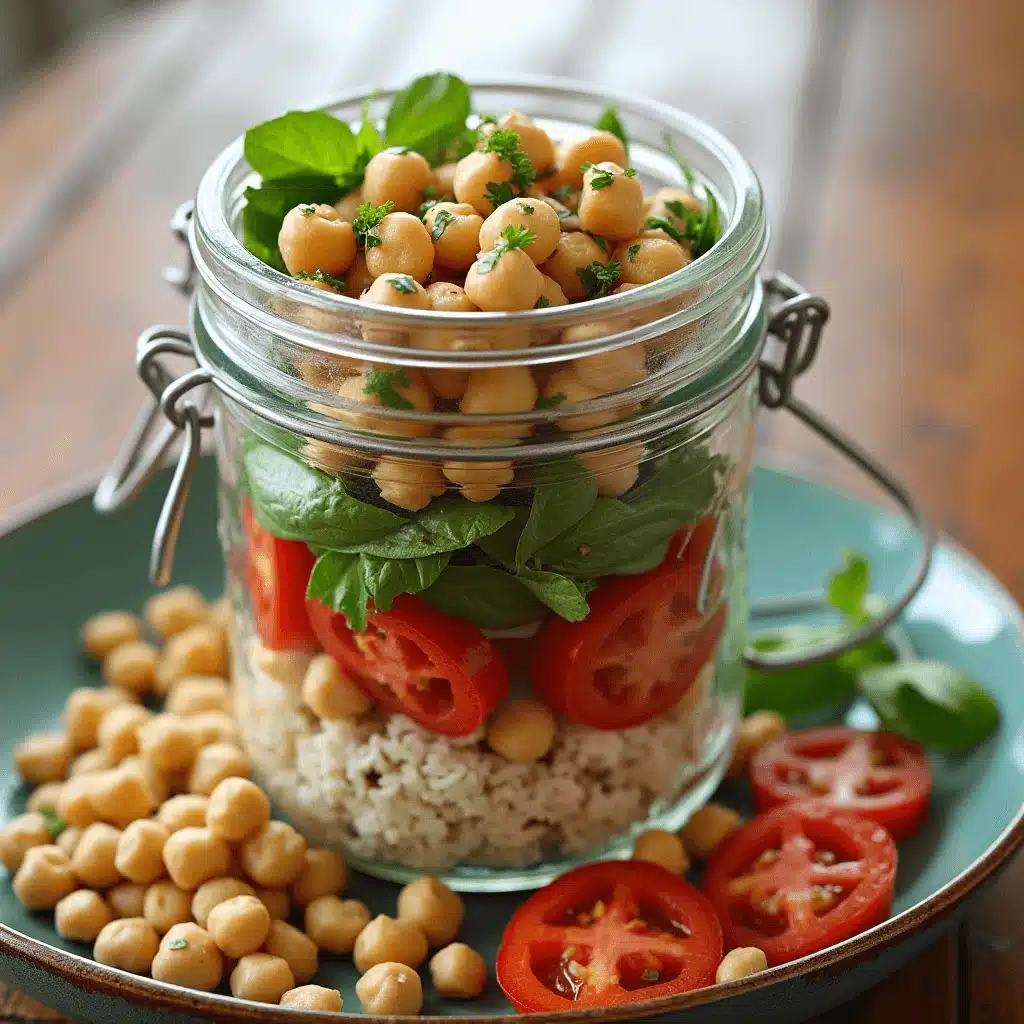 Mason jar Greek salad with chickpeas, colorful veggies, and dressing separated for a fresh and healthy meal prep lunch