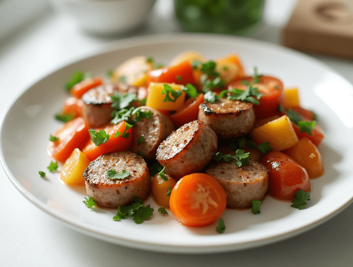 Close-Up of Caramelized Sausage and Autumn Veggies