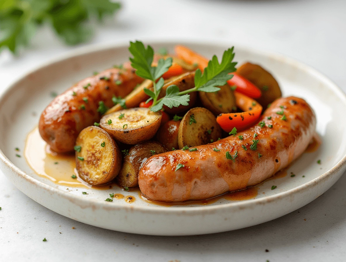 Plated Maple Dijon Sausage and Veggies Dinner