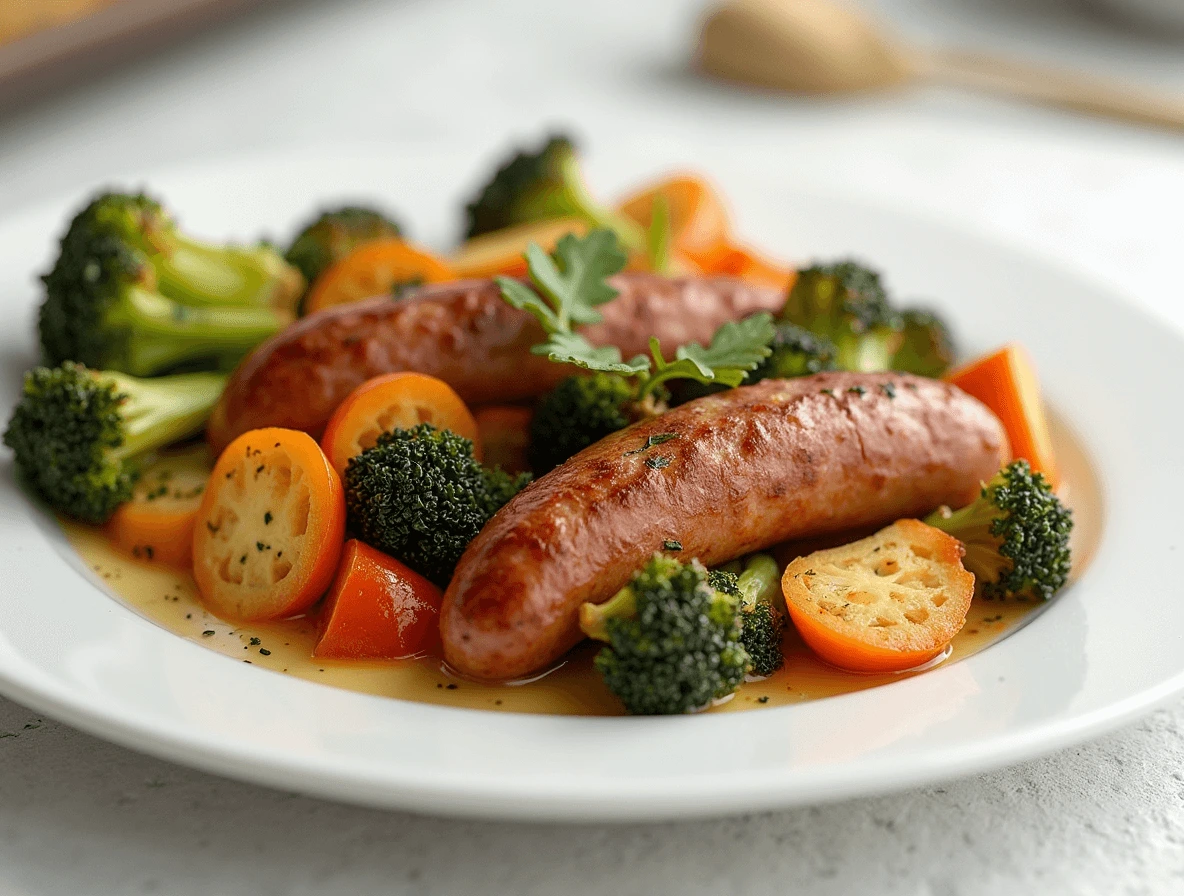 Uncooked Sausage and Fall Vegetables on Sheet Pan