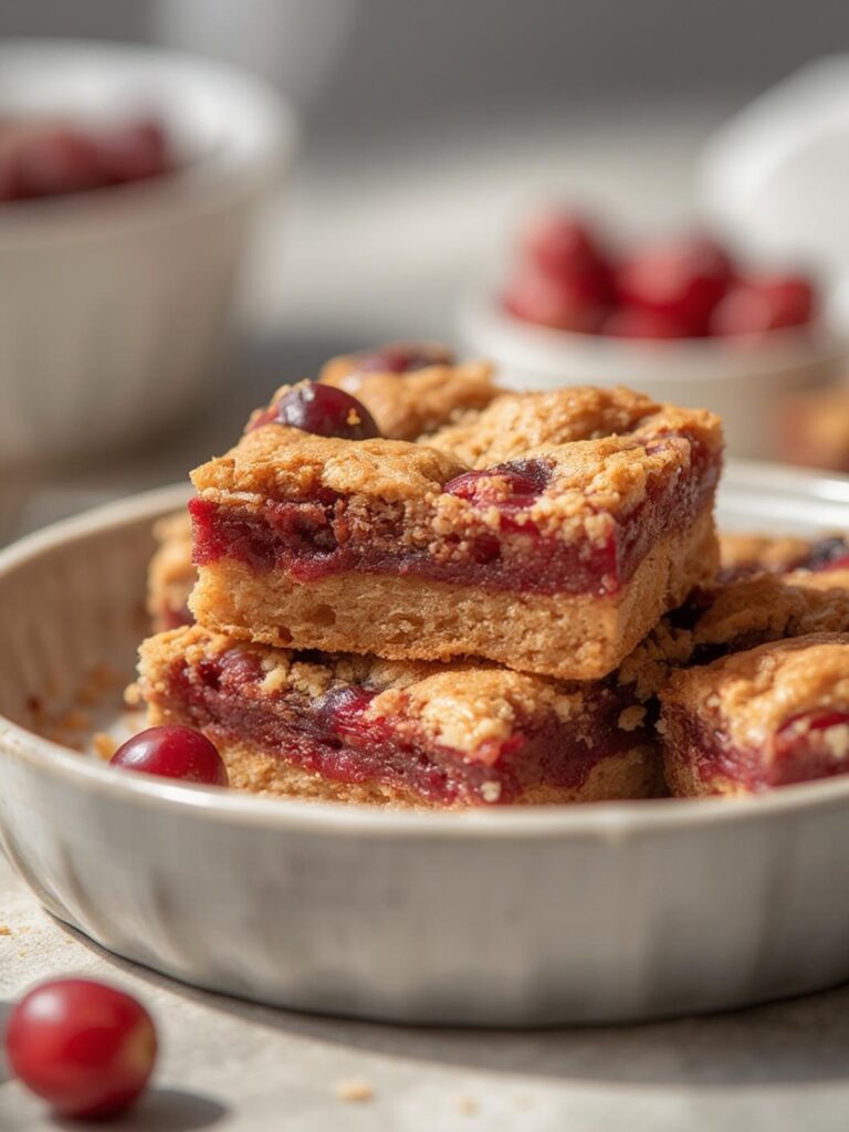Golden brown cranberry bliss bars topped with cranberries and white chocolate chips cooling on a wire rack, ready to be served