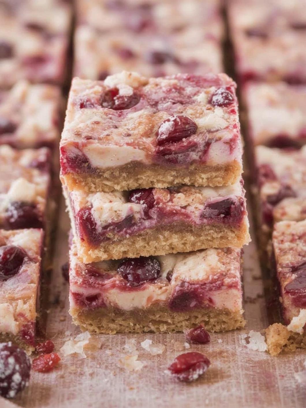 Hands pressing cranberry bliss bar dough evenly into a square baking dish lined with parchment paper
