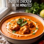 Finished butter chicken recipe served with naan bread and cilantro garnish