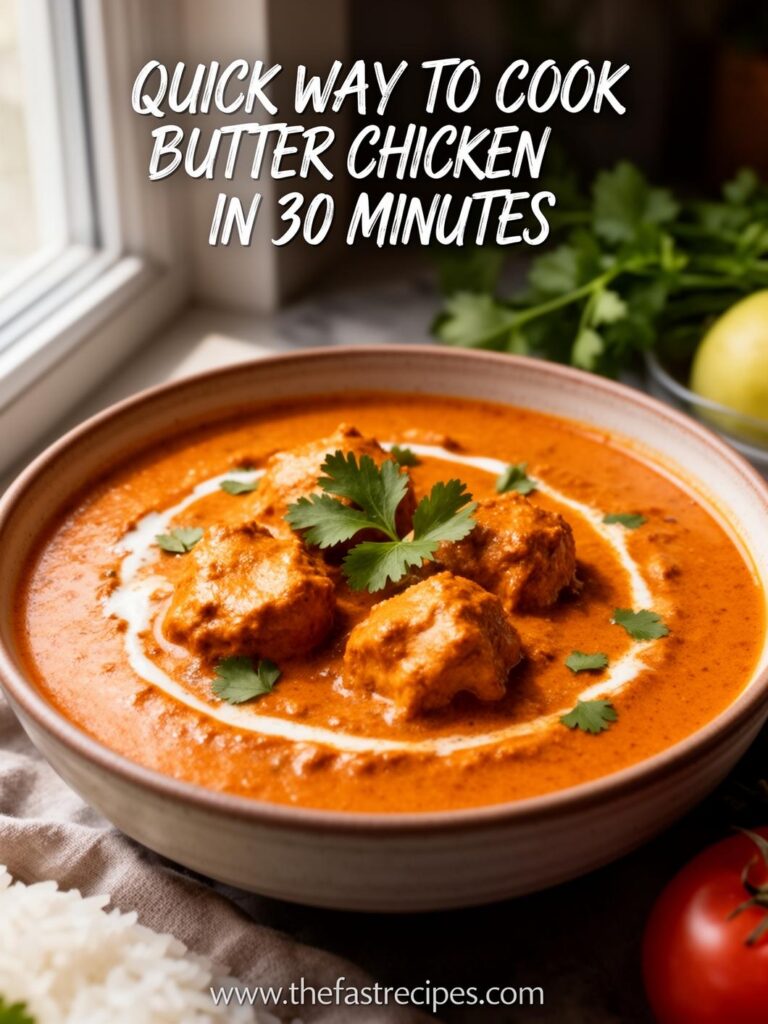 Finished butter chicken recipe served with naan bread and cilantro garnish
