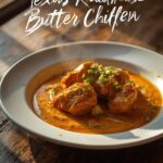 Finished butter chicken recipe served in bowl with naan bread and fresh cilantro garnish