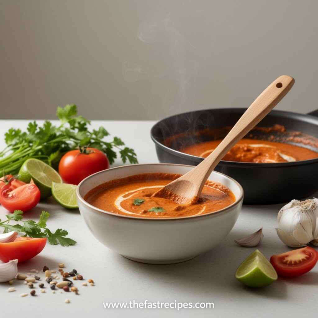 Cooking butter chicken recipe in skillet with creamy tomato sauce