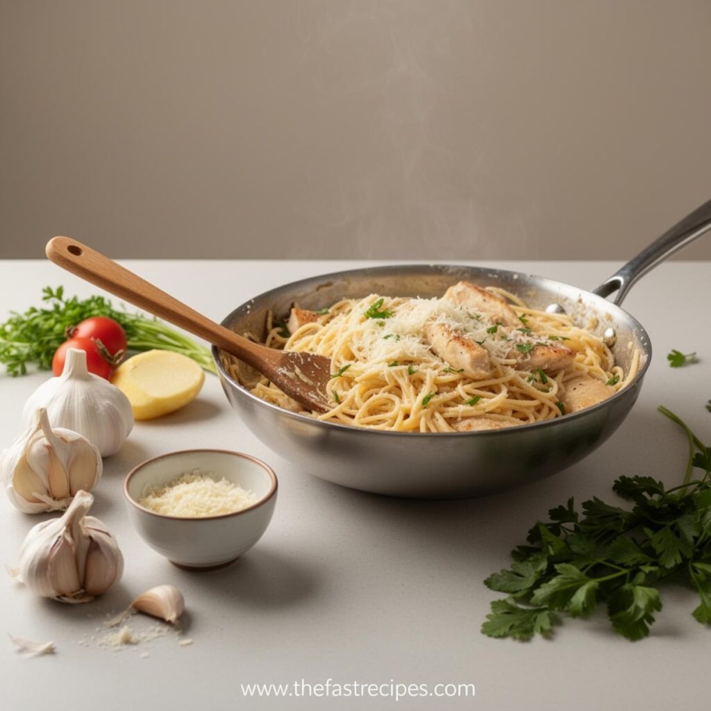 Step-by-step guide for Garlic Parmesan Chicken Pasta recipe on The Fast Recipes - quick meal preparation