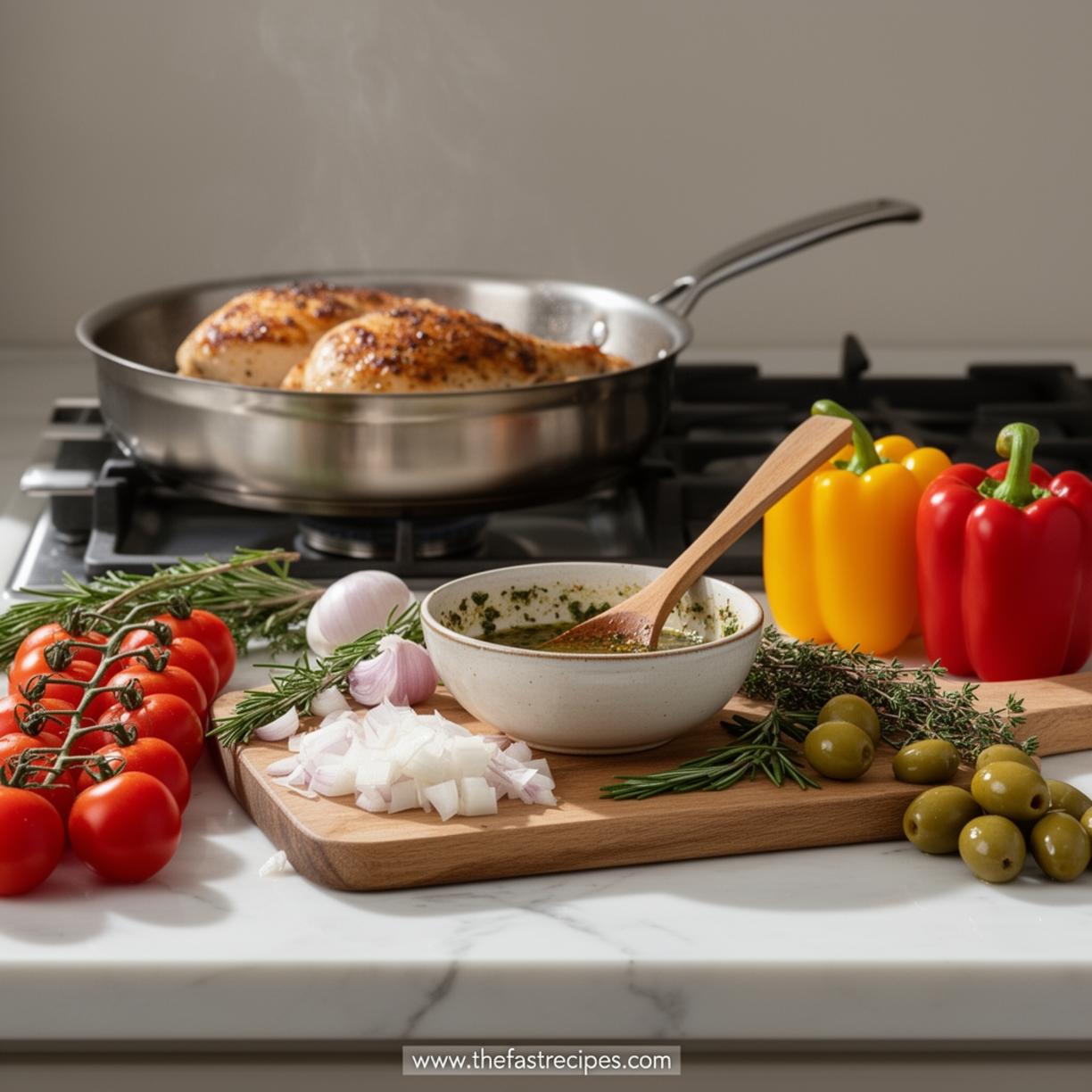 Step by step cooking process for Mediterranean Chicken in a cast iron pan