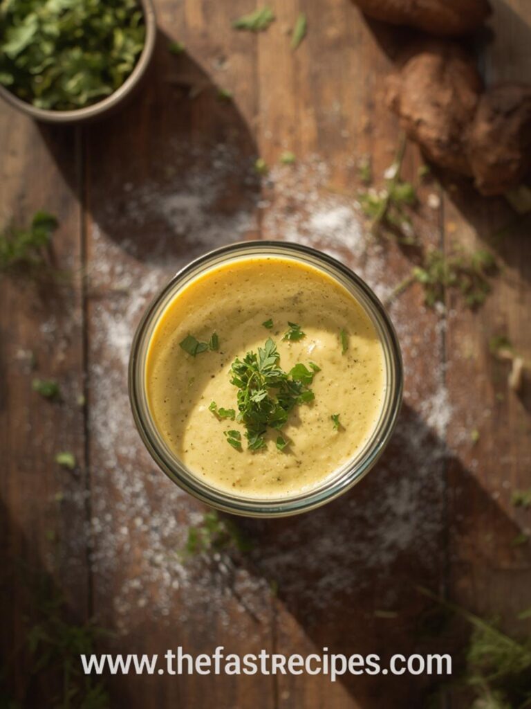 Finished creamy homemade caesar salad dressing in glass jar with fresh lettuce