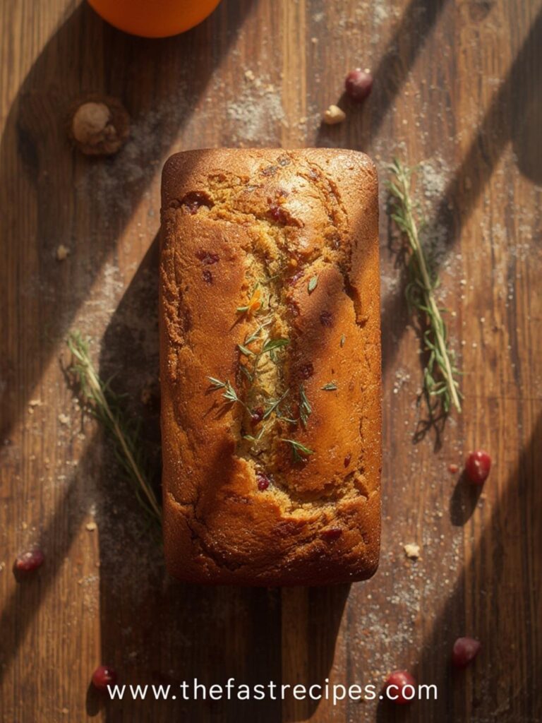 Golden brown cranberry orange bread loaf on cooling rack with sliced piece showing cranberries inside