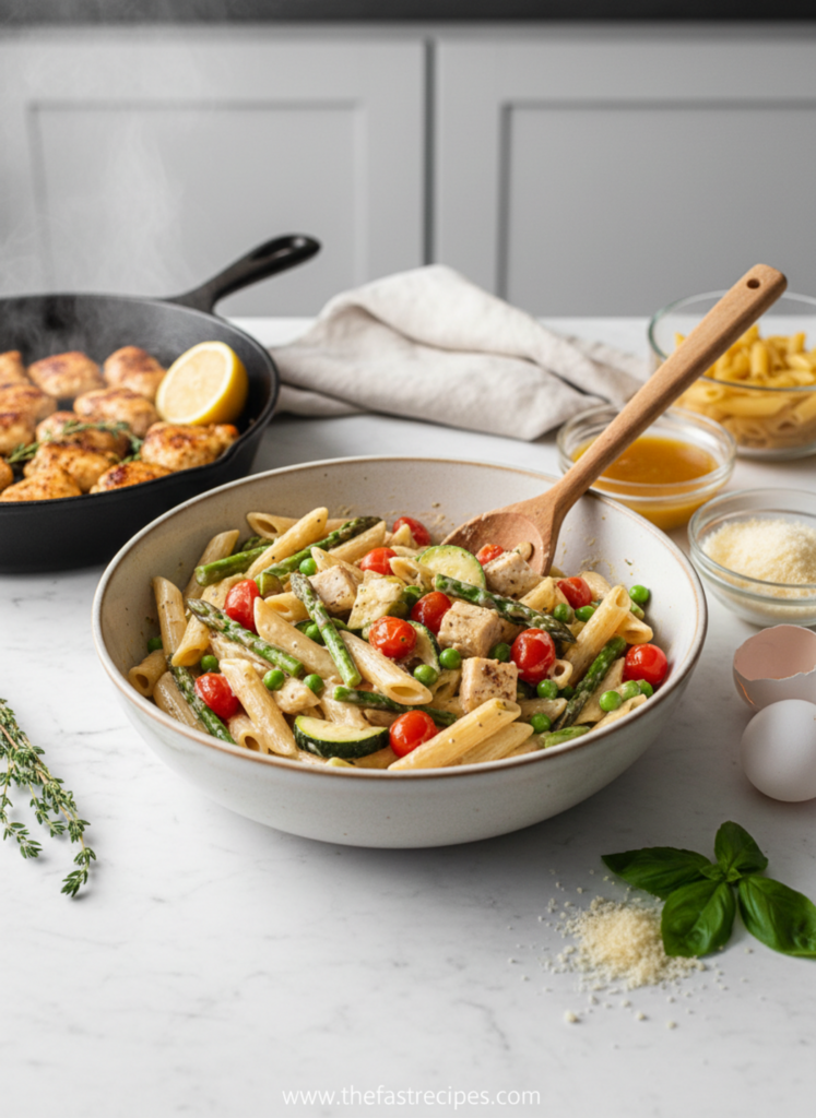 Step-by-step guide for Chicken Primavera Pasta Bake recipe on The Fast Recipes - quick meal preparation