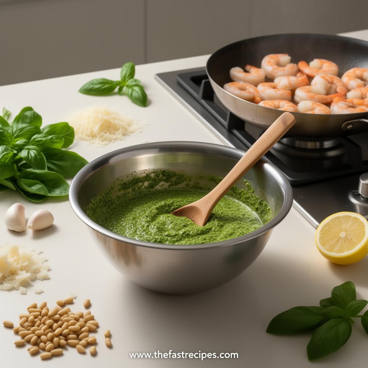 Step by step preparation of Creamy Pesto Shrimp in a skillet