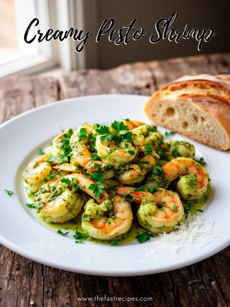 Shrimp, basil pesto, garlic, heavy cream and Parmesan cheese arranged for a fast and easy creamy pesto shrimp recipe