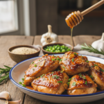 Finished quick and easy honey garlic chicken recipe served over rice with sesame seeds and fresh parsley