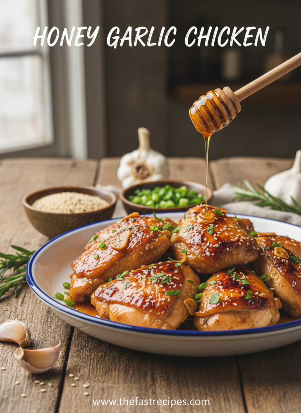 Finished quick and easy honey garlic chicken recipe served over rice with sesame seeds and fresh parsley