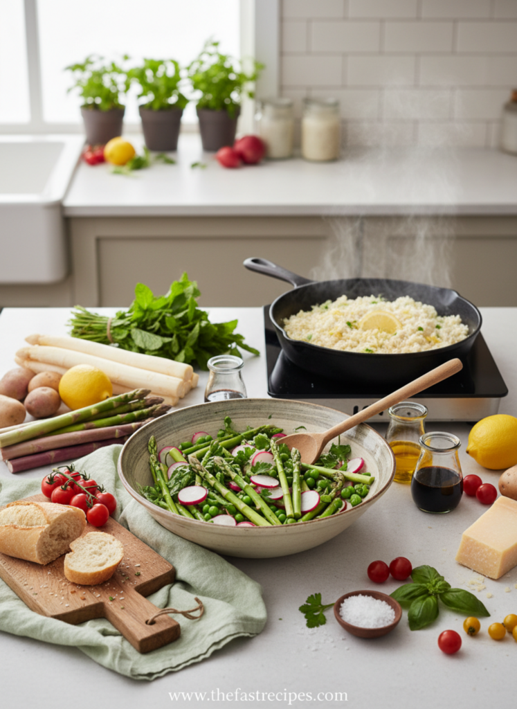 Fresh asparagus, cherry tomatoes, peas, zucchini, lemon and pasta for quick and easy spring dinner ideas